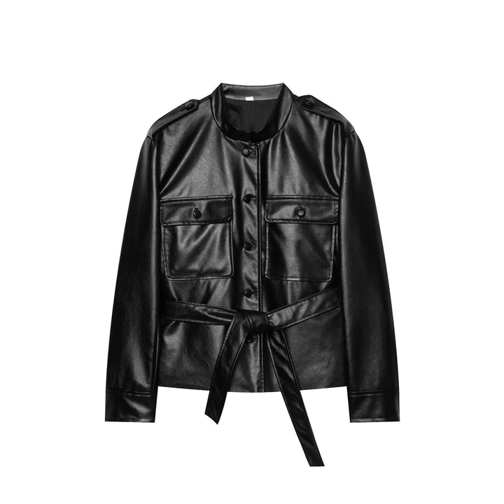 Dam Tailored Faux Läder Blouson Jacka med Ties, Lock Fickor och Stå Krage