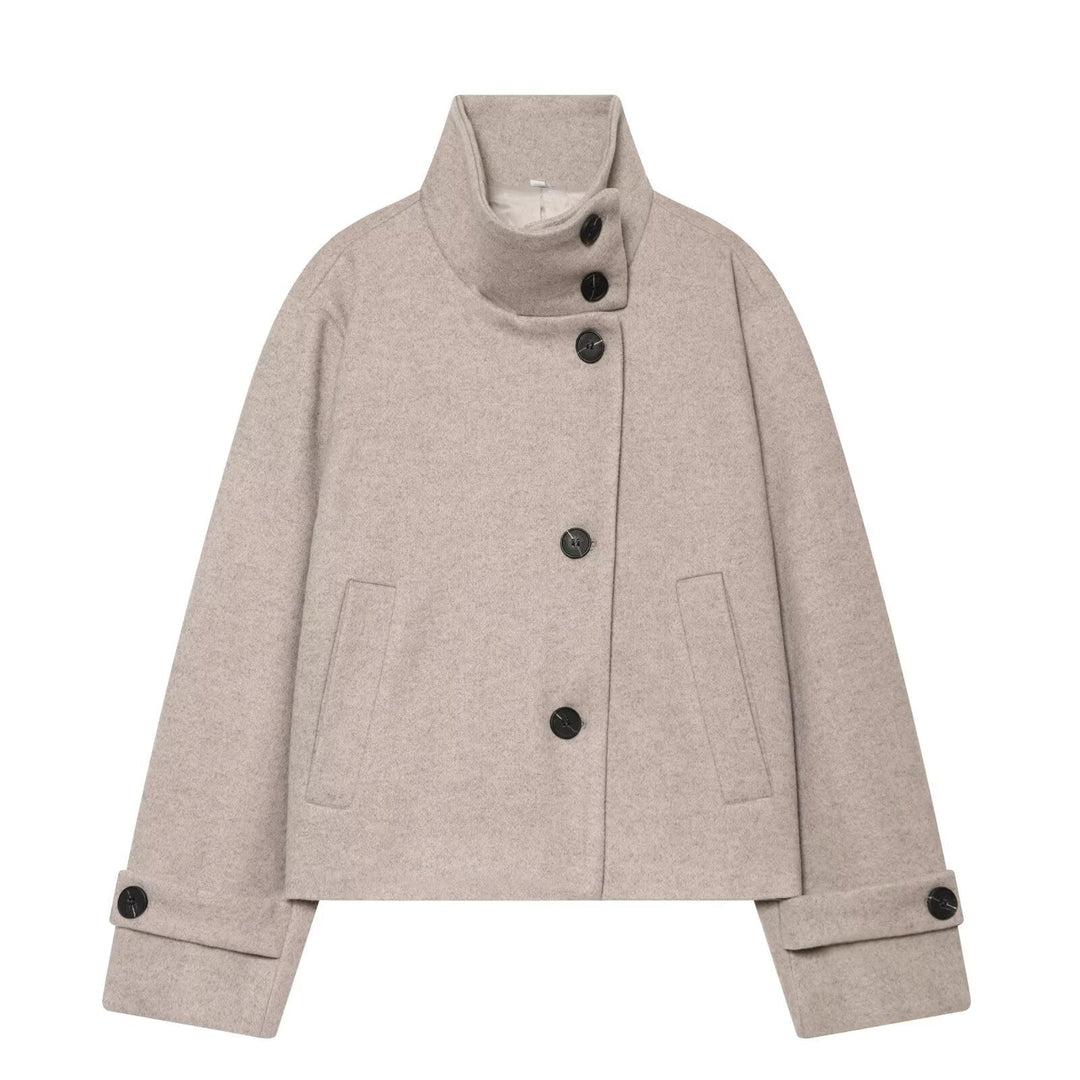 Dam Kort Ull Blouson Kappa med Hög Stå Krage och Knapp Knäppning
