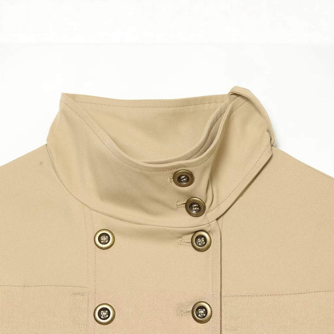 Dam Kort Utility-Stil Blouson med Hög Stå Krage och Double-Breasted Knapp Knäppning
