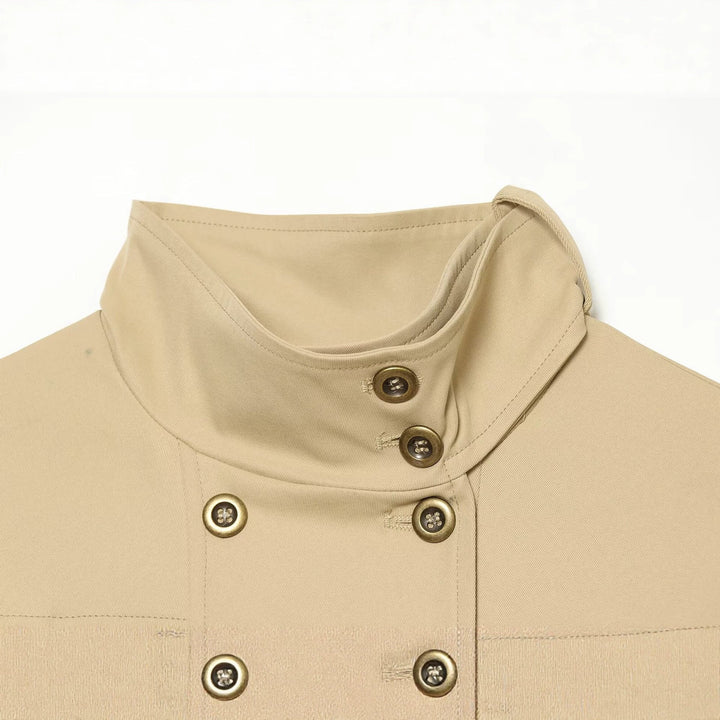 Dam Kort Utility-Stil Blouson med Hög Stå Krage och Double-Breasted Knapp Knäppning