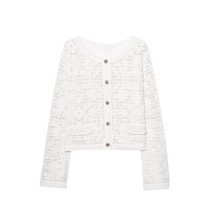 Dam Crocheted Kort Jacka i Boucle Look med Decorative Knappar och Utanpåfickor