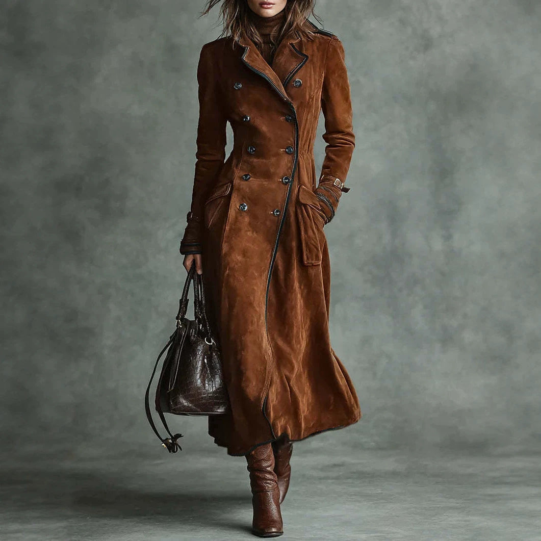 Dam längre skräddad trenchcoat in mocka look med Double-Breasted knappslå och Buckle muddar