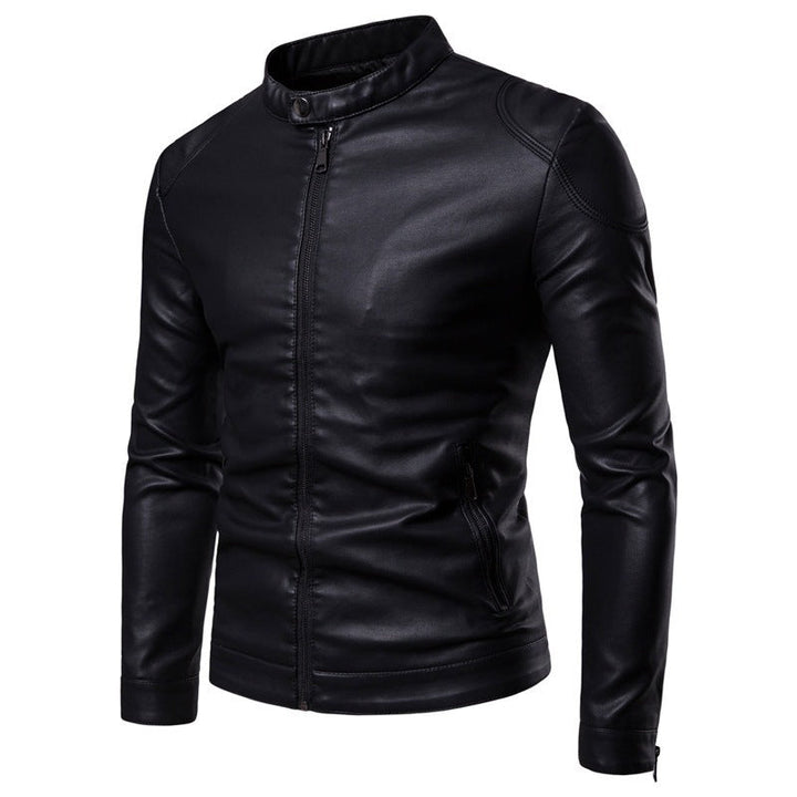 Herr Slim-Fit Konstläder Motorcycle Jacka med Ståkrage och Ergonomic Axel Padding