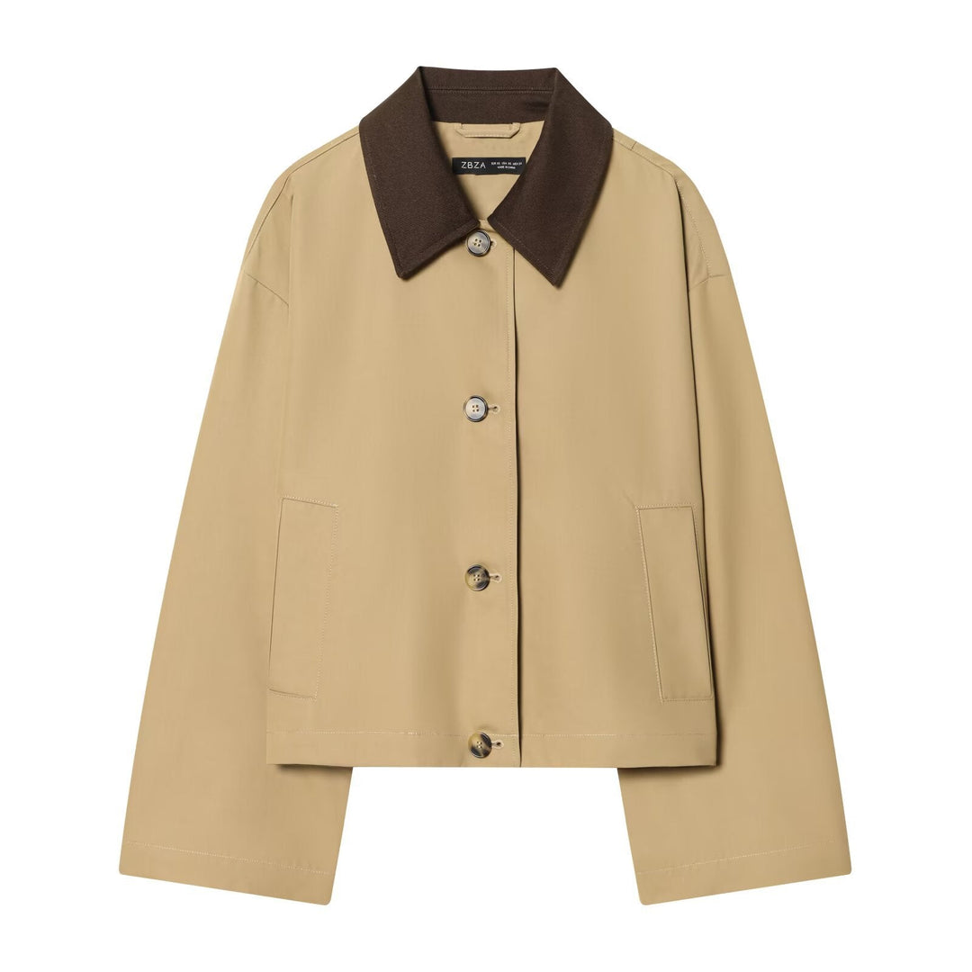 Dam Kort Oversize Harrington Jacka med Contrast Krage och Patch Fickor