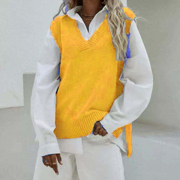 Dam Sleeveless stickad väst med V-Neck och Side Slits
