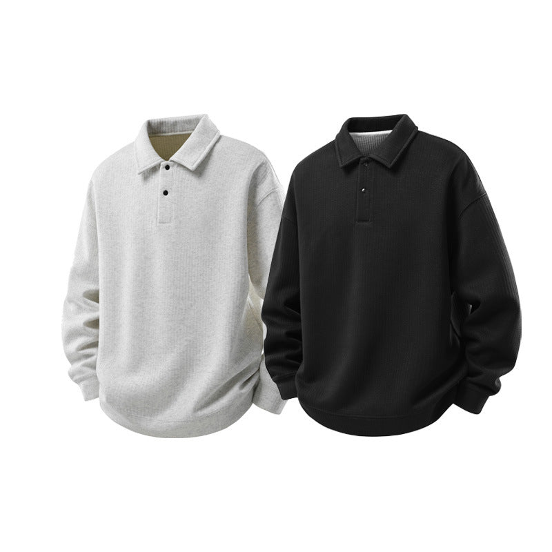 Herr Oversized Waffle Structure Polo Tröja med Halv Knapplist och Ribbstickade Muddar