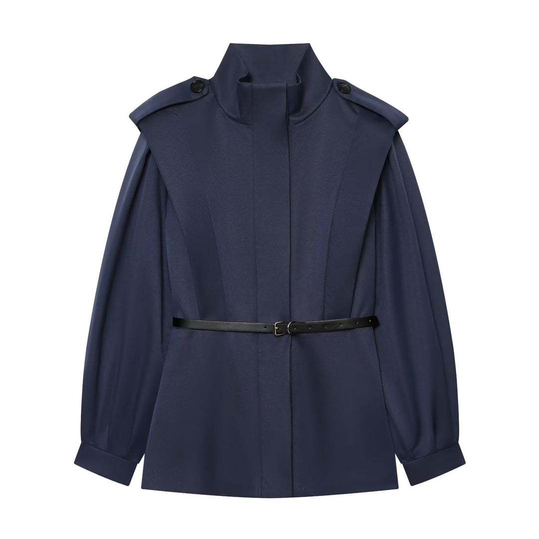 Dam Cape-Like Kappa Jacka med Standing Krage, Shoulder Flaps och Belted Waist
