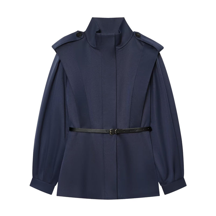 Dam Cape-Like Kappa Jacka med Standing Krage, Shoulder Flaps och Belted Waist