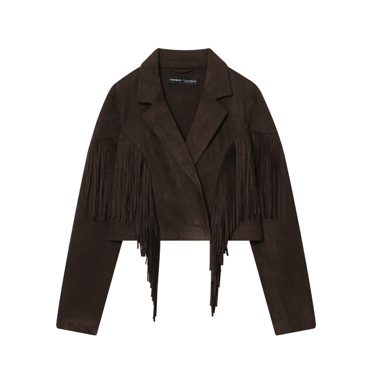 Dam kort mockajacka med lapel krage, boxy cropped skärning, och decorative fringes