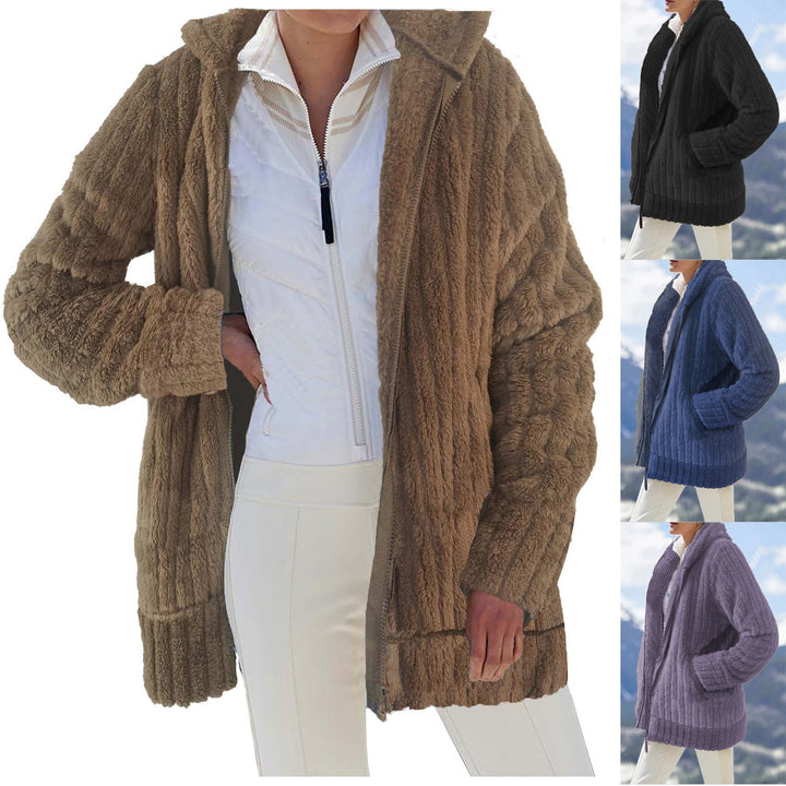 Dam Oversize Teddy-fleece Hooded kappa med ribbstickade muddar och sidofickor
