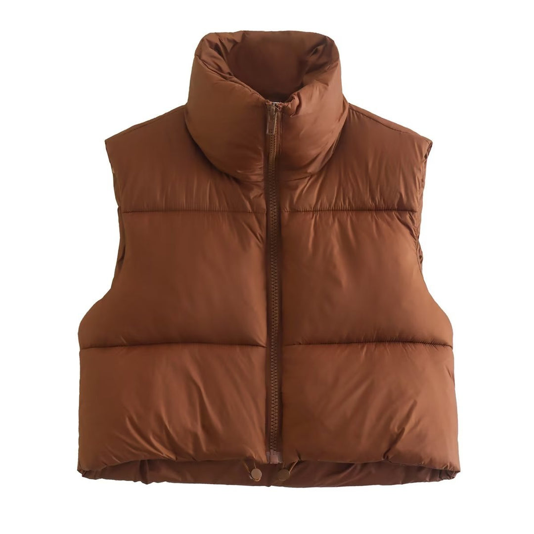 Dam Kort Quiltad Väst med Hög Stå Krage, Lätt Puffer Look och Justerbar Nederkant