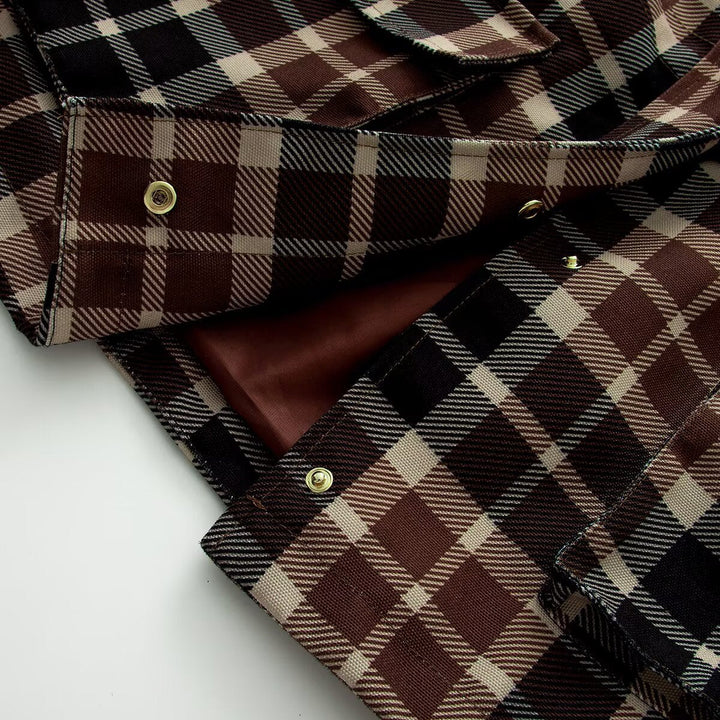 Dam Checked Transitional Parka med Faux Läder Krage, Drawstring och Lock Fickor