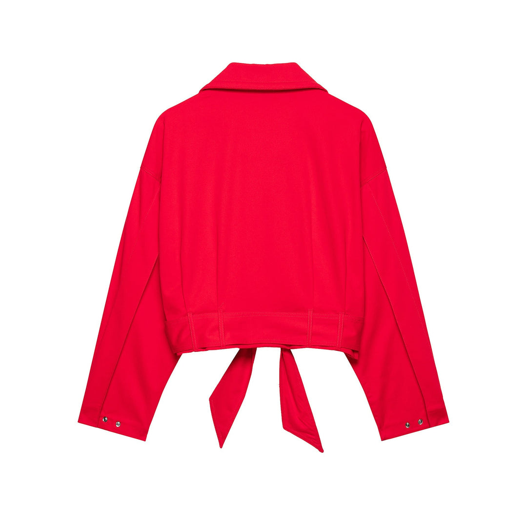 Dam Kort Övergångsjacka med Drawstring Waist, Wide Skjort Krage och Tie Belt