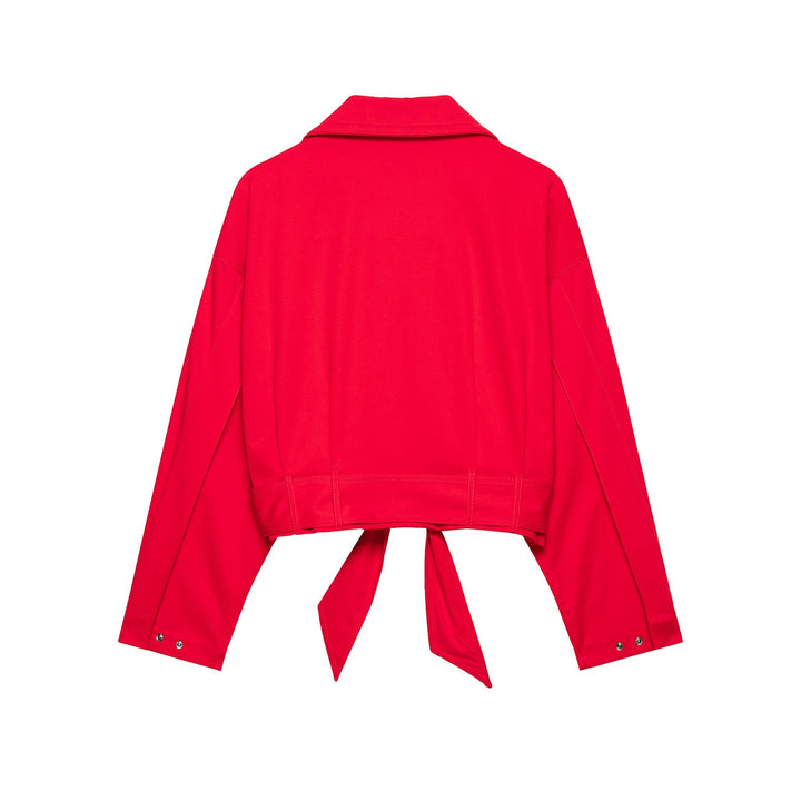 Dam Kort Övergångsjacka med Drawstring Waist, Wide Skjort Krage och Tie Belt