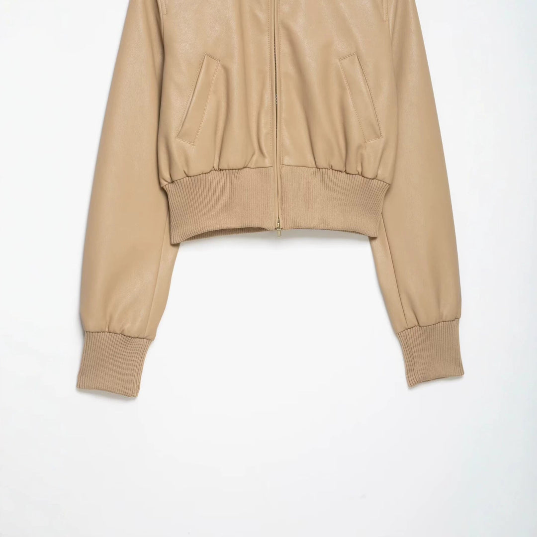 Dam Kort Skärning Läder Blouson med Hög Ribbed Krage