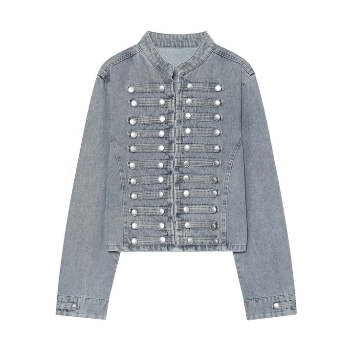 Dam kort skärning denimjacka in military stil med ståkrage och dekorativ knapp rows