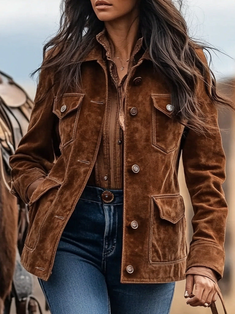 Dam mocka jacka in Western stil med knappslå och flap fickor