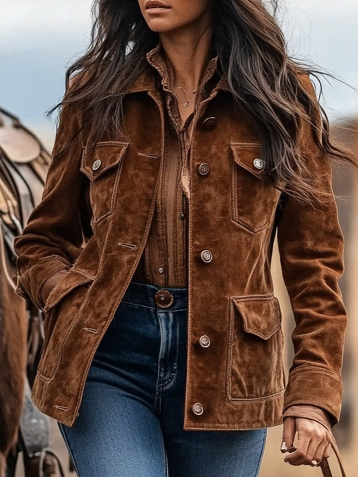 Dam mocka jacka in Western stil med knappslå och flap fickor