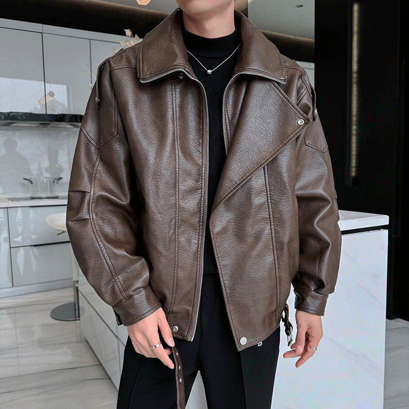 Herr Oversized Läder Jacka med Wide Asymmetrical Lapel och Midja Belt