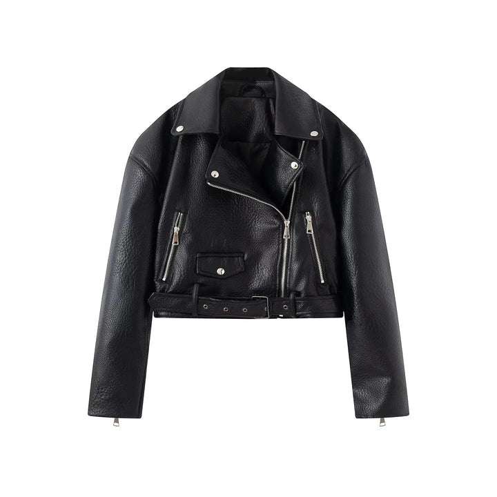Dam cropped bikerjacka tillverkad av vegan läder imitation med asymmetrisk dragkedja och midjebälte