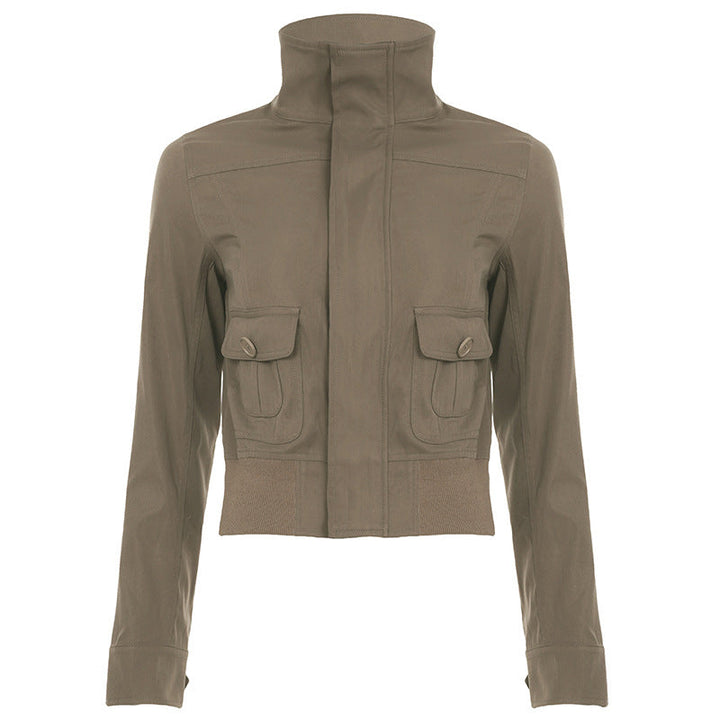 Dam kort utility blousonjacka med high ståkrage, flap fickor och elastic waistband