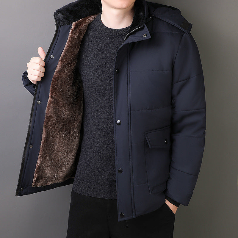 Herr Short Parka med Quiltad Termisk Foder, Huva Attachment, och Multifunctional Lock Fickor