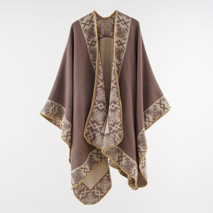 Dam oversized poncho cape tillverkad av ullblandning med woven border jacquard och decorative chain stitch