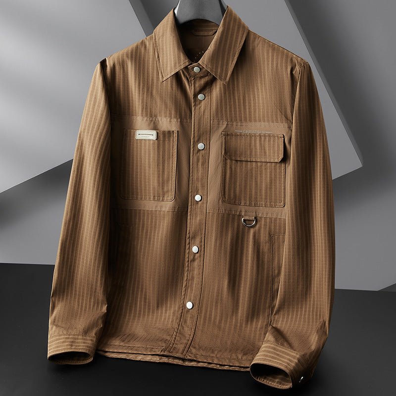 Herr Utility Övergångs Jacka i Överskjorta Stil med Utanpåfickor och Pinstripe Texture