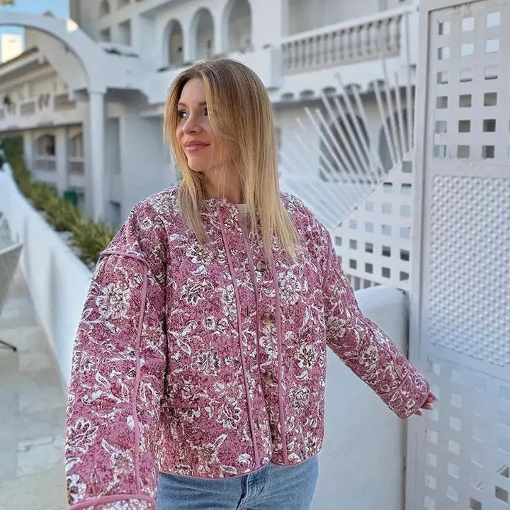 Dam 400+ Quiltad Blouson Jacka med Blommig All-Over Mönster och Dekorativ Piping