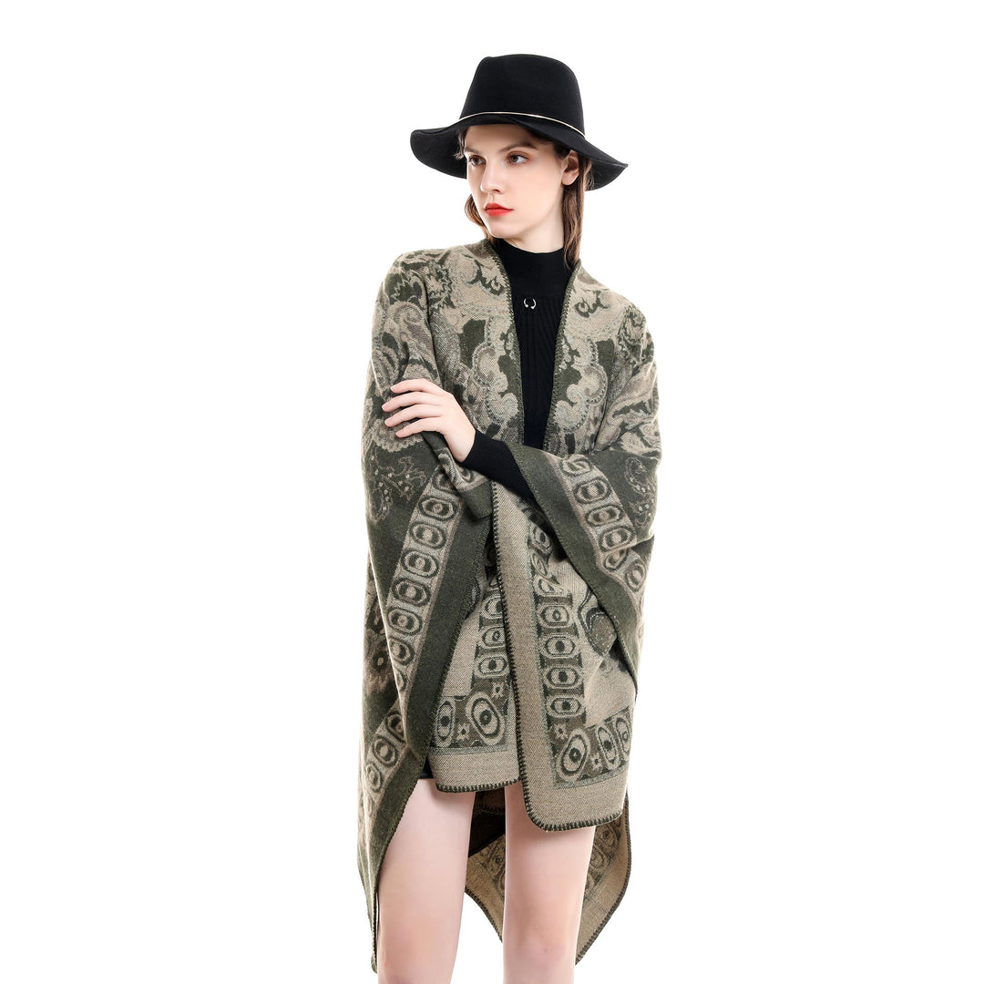 Dam jacquard-woven oversized ruana med ornamentation och open kimono fall drape