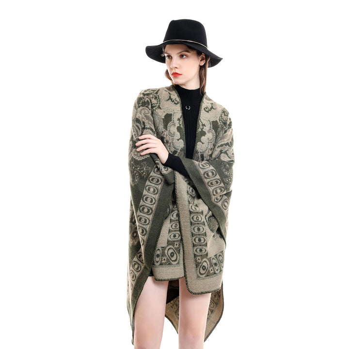 Dam jacquard-woven oversized ruana med ornamentation och open kimono fall drape