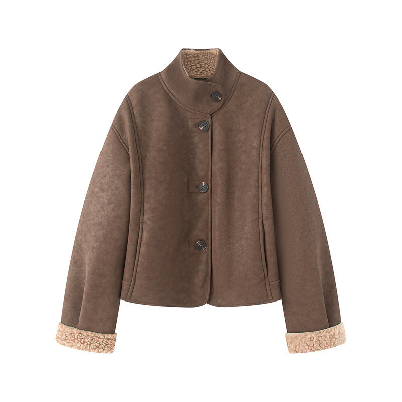 Dam kort lambskin look jacka med high ståkrage och buttoned front