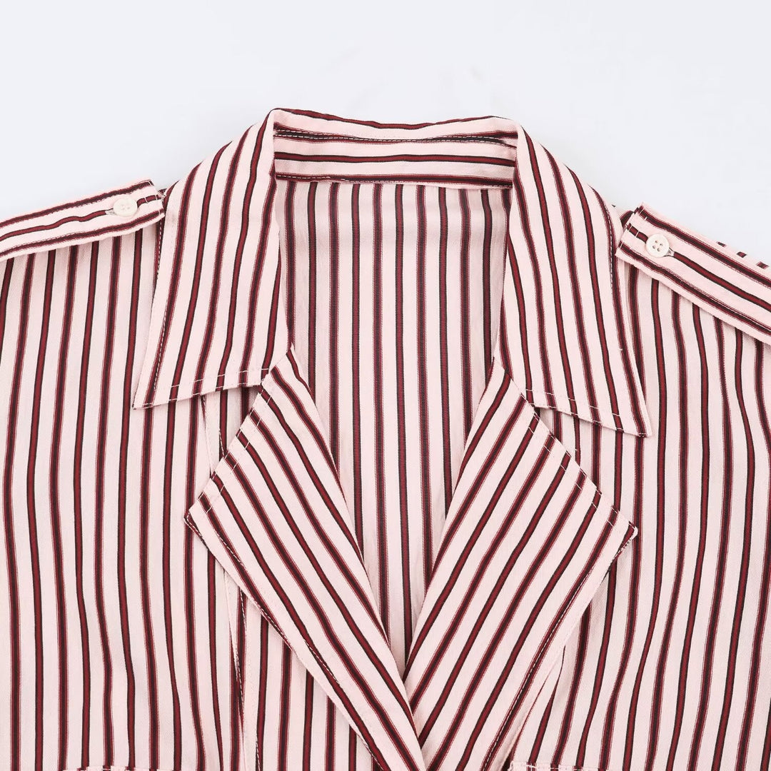 Dam Randig Kort Blouson Jacka med Notched Krage, Lock Fickor och Elastic Nederkant
