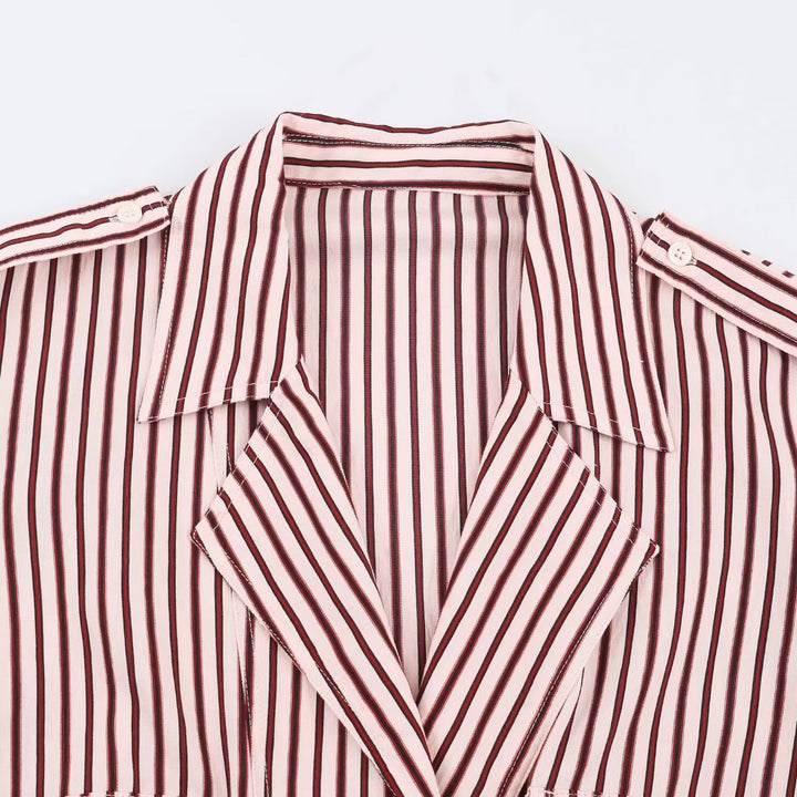 Dam Randig Kort Blouson Jacka med Notched Krage, Lock Fickor och Elastic Nederkant