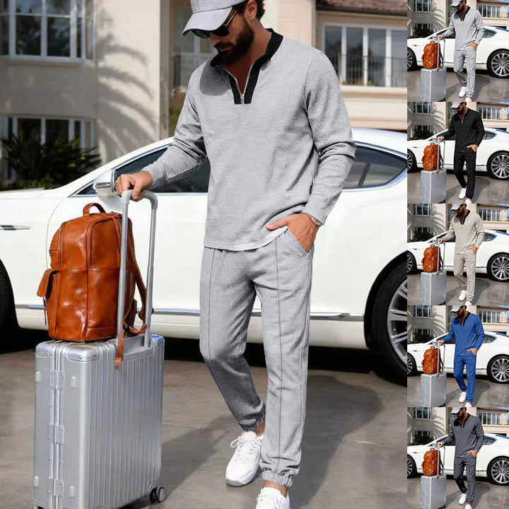 Herr Lätt Henley Loungewear Set med Contrast Krage, Dragsko Joggingbyxor och Elastiska Muddar