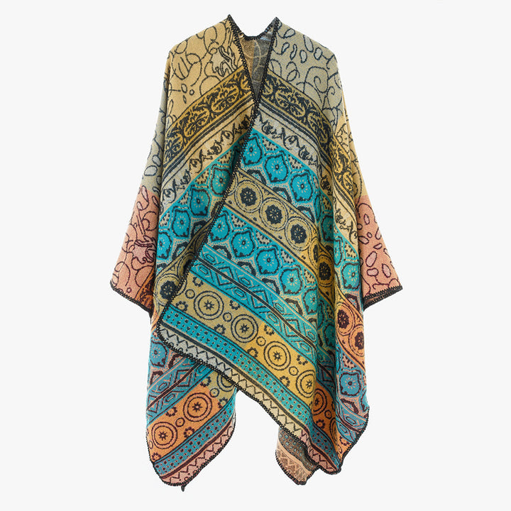 Dam Jacquard Cape med geometric ornament mönster och kontrasterande overlock seam