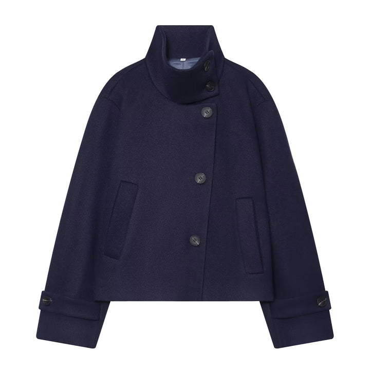 Dam Kort Ull Blouson Kappa med Hög Stå Krage och Knapp Knäppning