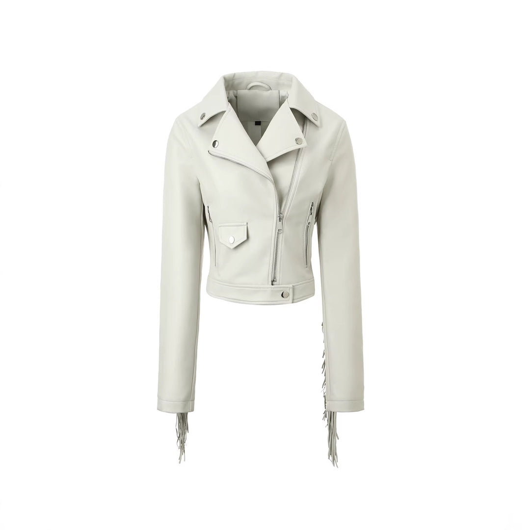 Dam kort biker läder jacka med fringed ärmar och asymmetrisk dragkedja