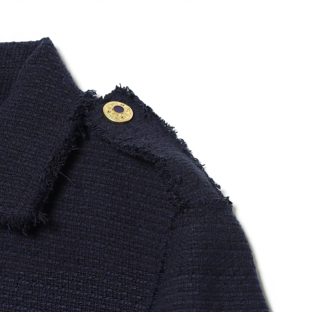 Dam Bouclé Tweed Kort Jacka med Fringe Kant, Epaulettes och Patch Fickor