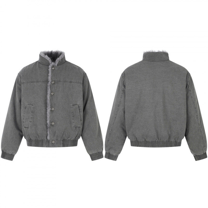 Herr kort skärning blouson jacka med fusk päls foder, ståkrage och elastisk fåll