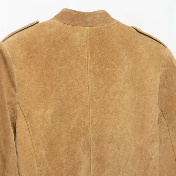 Dam Tailored Suede Jacka i Military Look med Stå Krage, Lock Fickor och Dold Knapp Knäppning