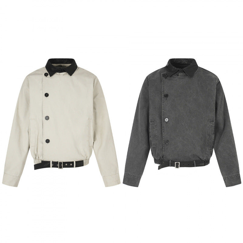Herr short-cut bomber blouson jacka i vintage canvas med läder krage och midja belt