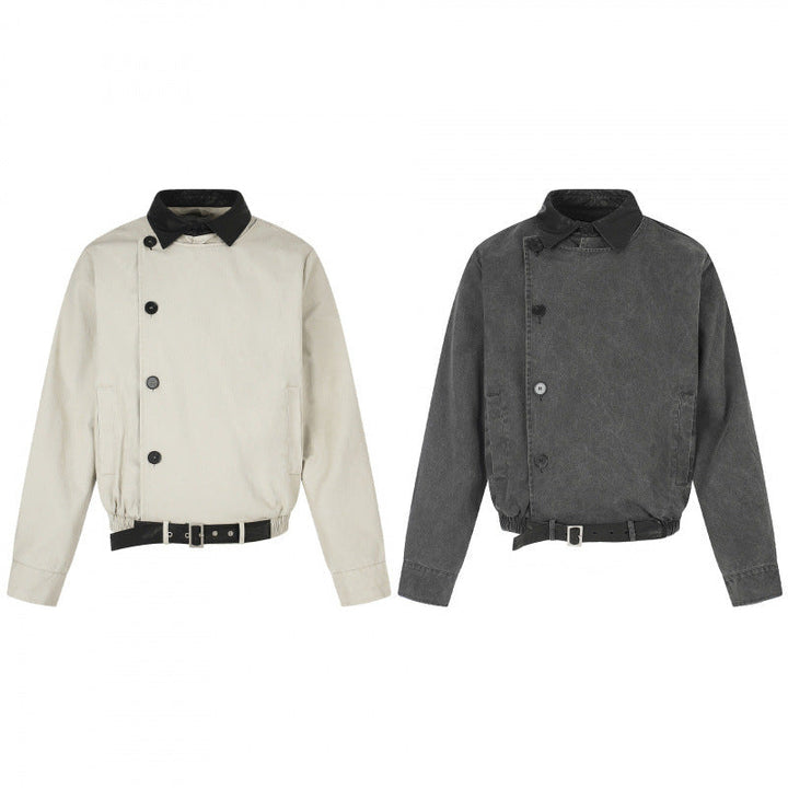 Herr short-cut bomber blouson jacka i vintage canvas med läder krage och midja belt