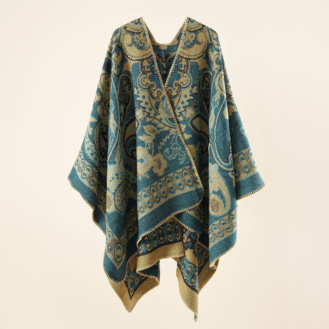 Dam jacquard-woven oversized ruana med ornamentation och open kimono fall drape