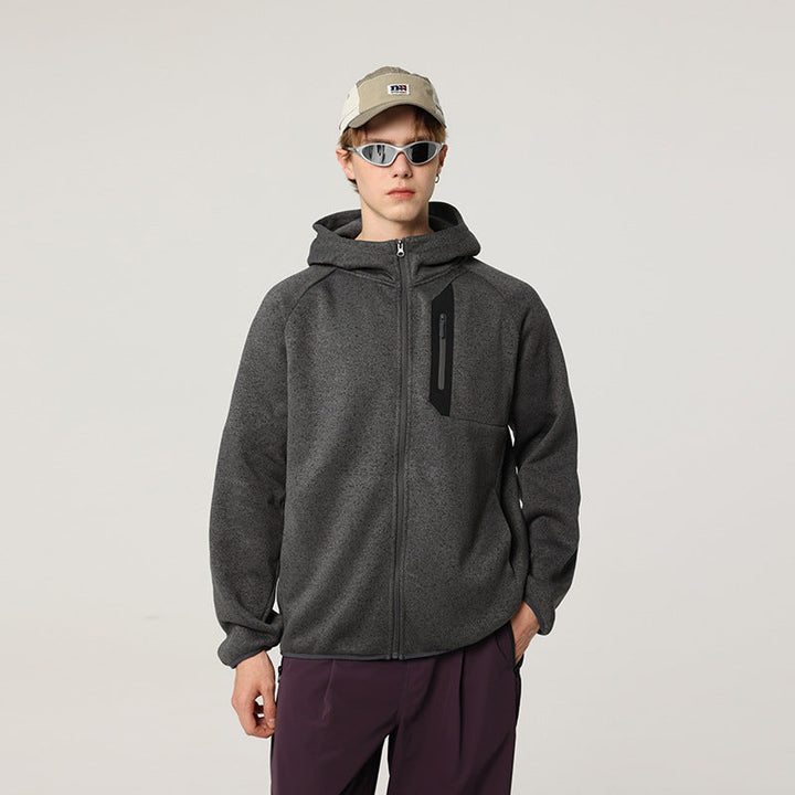 Herr Oversized med Huva Fleece Jacka med Melange Structure, Hel-Length Dragkedja och Vertical Bröstficka