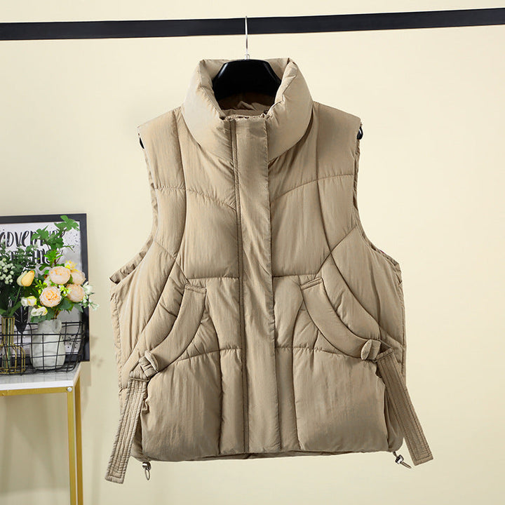 Dam Voluminous Sleeveless Down-look väst med bred ståkrage och Side Gathered Straps