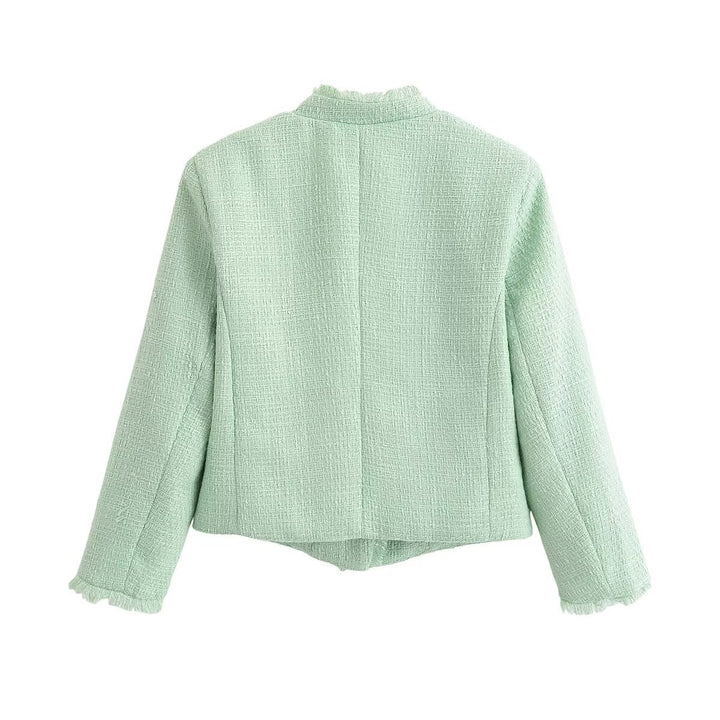 Dam Kort Skärning Bouclé Tweedjacka med Fringe Kant och Round Neckline