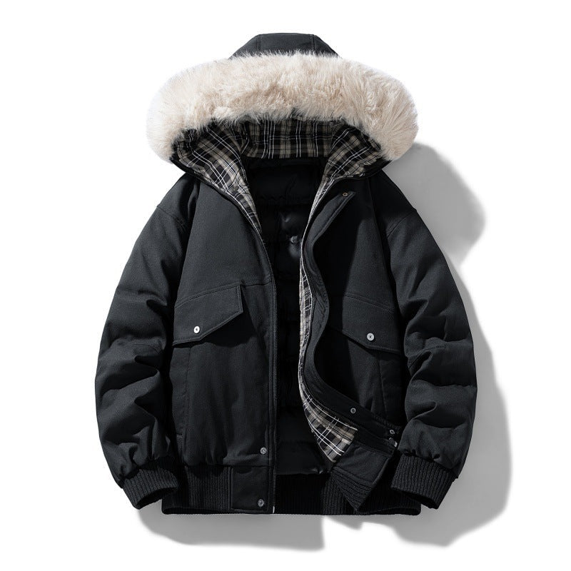Herr kort parka med vadderad foder, avtagbar huva, och utanpåfickor