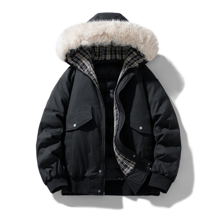 Herr kort parka med vadderad foder, avtagbar huva, och utanpåfickor