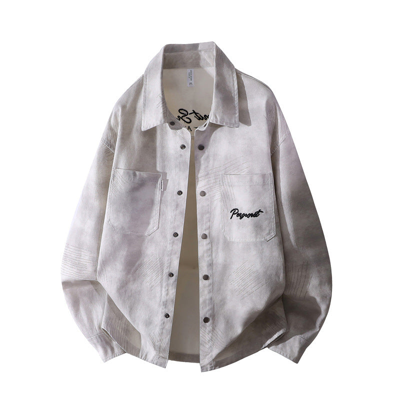 Herr Oversized Skjortjacka i Washed Batik Look med Tryckknapp Knapp Fram &amp; Applied Bröstfickor